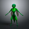 Green Insect With Wings Standing Pose Streamlined Body 3D Model On Gray Background