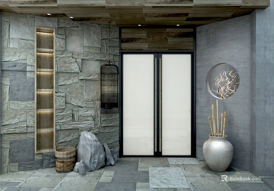 Shopping Mall Store Entrance With Stone Wall Glass Doors And Decorative Vase 3d model 