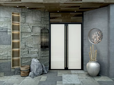 Shopping Mall Store Entrance With Stone Wall Glass Doors And Decorative Vase 3d model