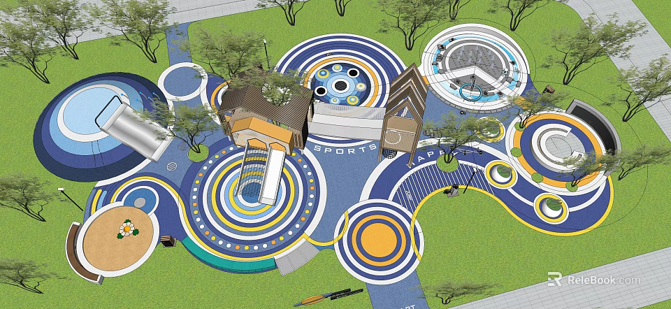 Fun Colorful Children's Play Area With Circular Designs Slide Green Trees And Sport Elements 3d model 