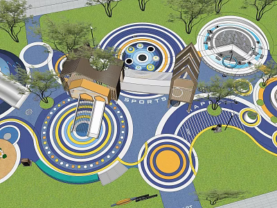 Fun Colorful Children's Play Area With Circular Designs Slide Green Trees And Sport Elements 3d model
