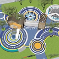 Fun Colorful Children's Play Area With Circular Designs Slide Green Trees And Sport Elements