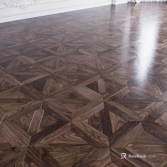 Elegant Dark Wooden Floor With Intricate Geometric Parquet Pattern And Glossy Finish 3d model 