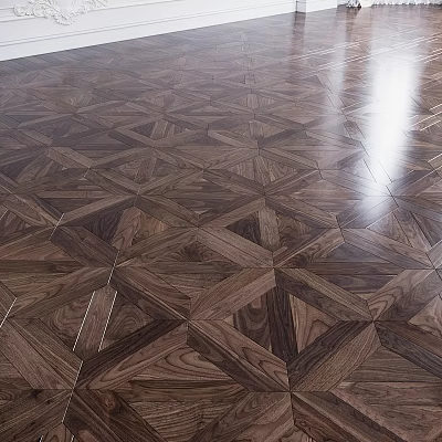 Elegant Dark Wooden Floor With Intricate Geometric Parquet Pattern And Glossy Finish 3d model