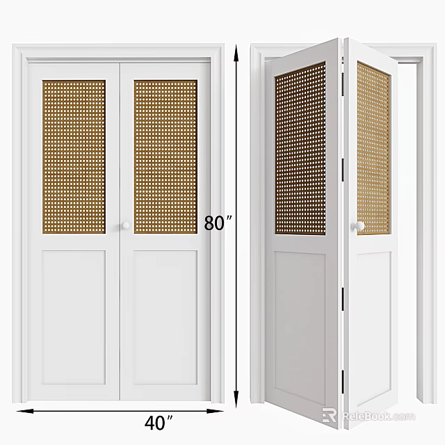 White Wardrobe Double Doors With Woven Rattan Panels 80 Inch Size 3d model 