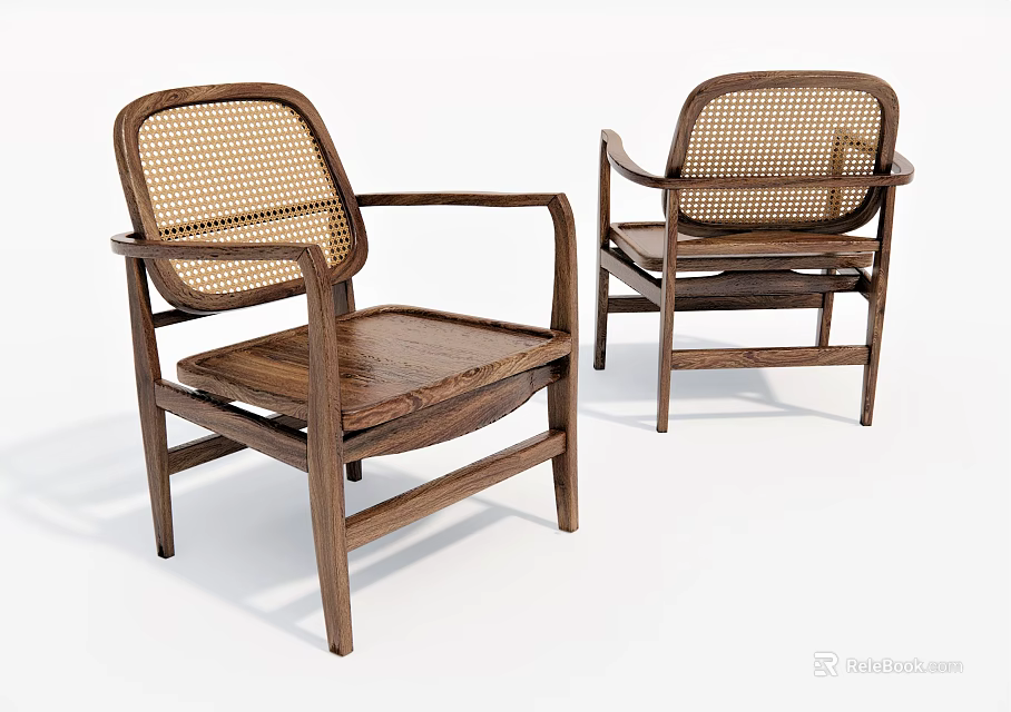 Classic Wooden Lounge Chairs With Rattan Backrest Armrest And Elegant Design 3d model 