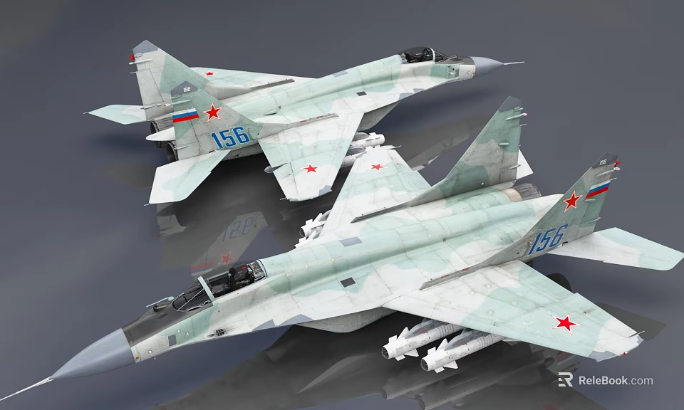 Two Russian Fighter Jets With Camouflage Paint Red Stars And Missile Loads 3d model 