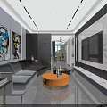 Modern Living And Dining Room Interior With Gray Sofa Round Coffee Table And TV Wall