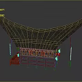 Traditional Architectural Model with Curved Thatched Roof and Red Wooden Structure