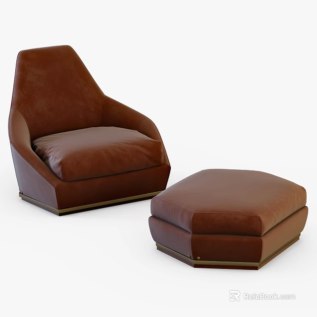 Modern Brown Leather Single Sofa With Matching Ottoman And Gold Base 3d model