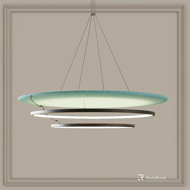 Modern Round Pendant Light With Light Green Shade And Silver Rings Hanging On Light Wall 3d model 