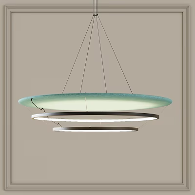 Modern Round Pendant Light With Light Green Shade And Silver Rings Hanging On Light Wall 3d model