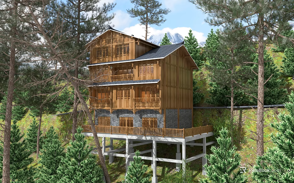 Multi Story Wooden House With Balconies On Stilts Surrounded By Pine Trees In Mountain Area 3d model 