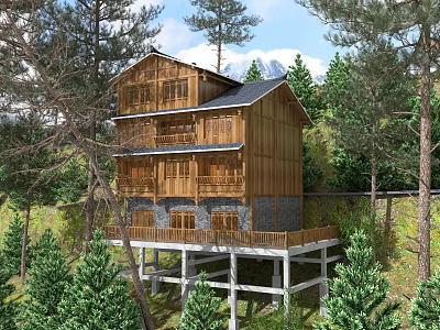 Multi Story Wooden House With Balconies On Stilts Surrounded By Pine Trees In Mountain Area 3d model