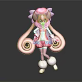 Cute Pink Cartoon Character With Long Curly Hair Flower Headpiece White Boots Dress