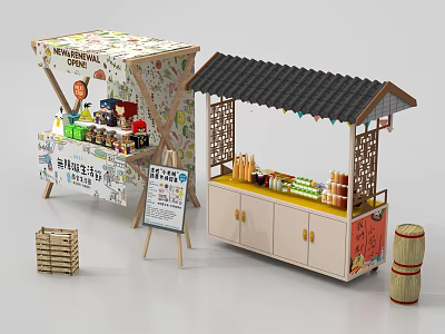 Public Outdoor Food Stalls With Traditional Roof Display Shelves Coffee Signage Bamboo Baskets And Barrels 3d model