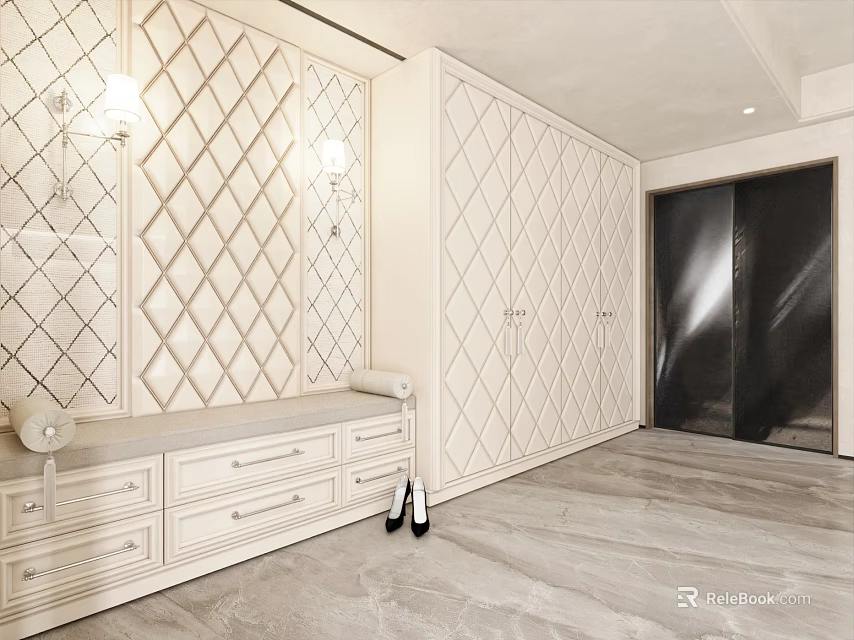 Modern Luxury White Shoe Cabinet With Diamond Pattern Storage Bench And Drawers In Entryway 3d model 