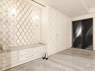 Modern Luxury White Shoe Cabinet With Diamond Pattern Storage Bench And Drawers In Entryway 3d model