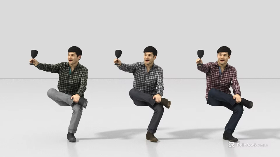 Men In Plaid Shirts Holding Black Cups Sitting With One Leg Raised Against White Background 3d model 