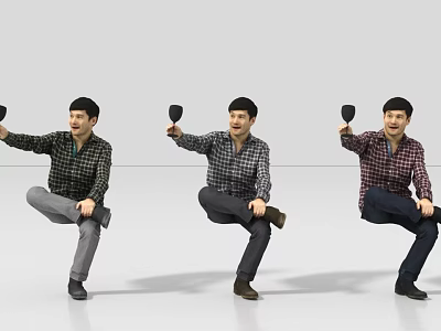 Men In Plaid Shirts Holding Black Cups Sitting With One Leg Raised Against White Background 3d model