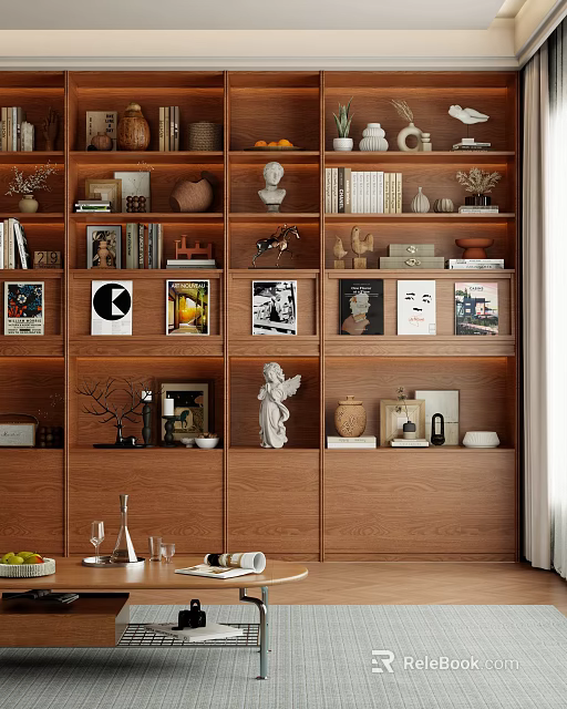 Modern Full Wall Wooden Bookcase With Built In Warm Lights Books And Exquisite Art Ornaments 3d model 