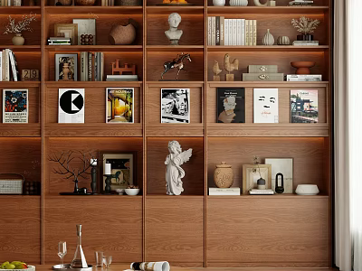 Modern Full Wall Wooden Bookcase With Built In Warm Lights Books And Exquisite Art Ornaments 3d model