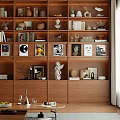 Modern Full Wall Wooden Bookcase With Built In Warm Lights Books And Exquisite Art Ornaments