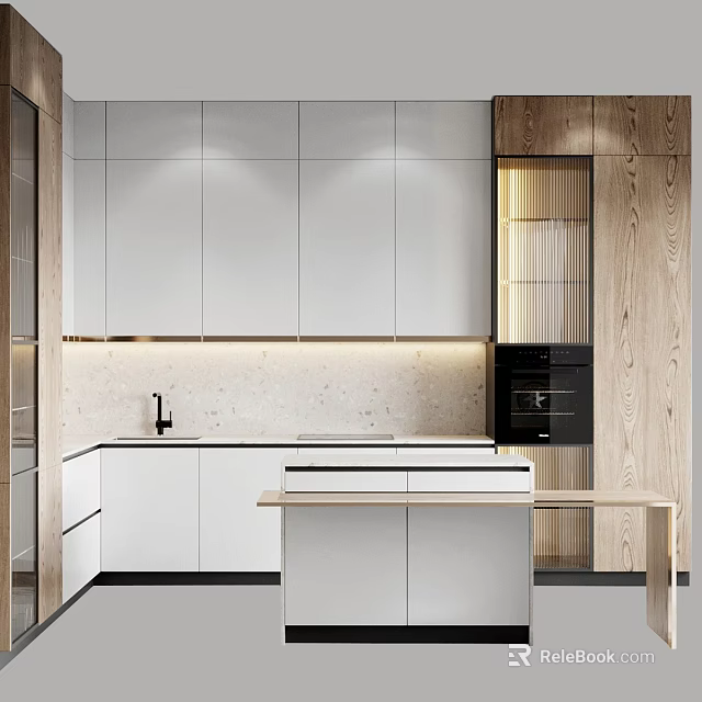 Modern Kitchen With White And Wooden Cabinets 3d model