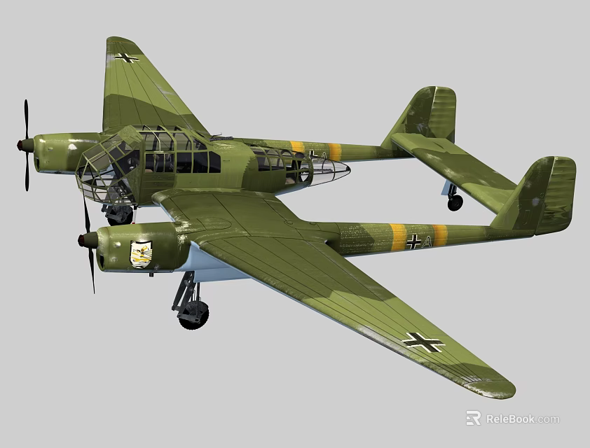 Vintage Green Painted Fighter Aircraft With Twin Propellers And Cross Insignia On Wings 3d model 