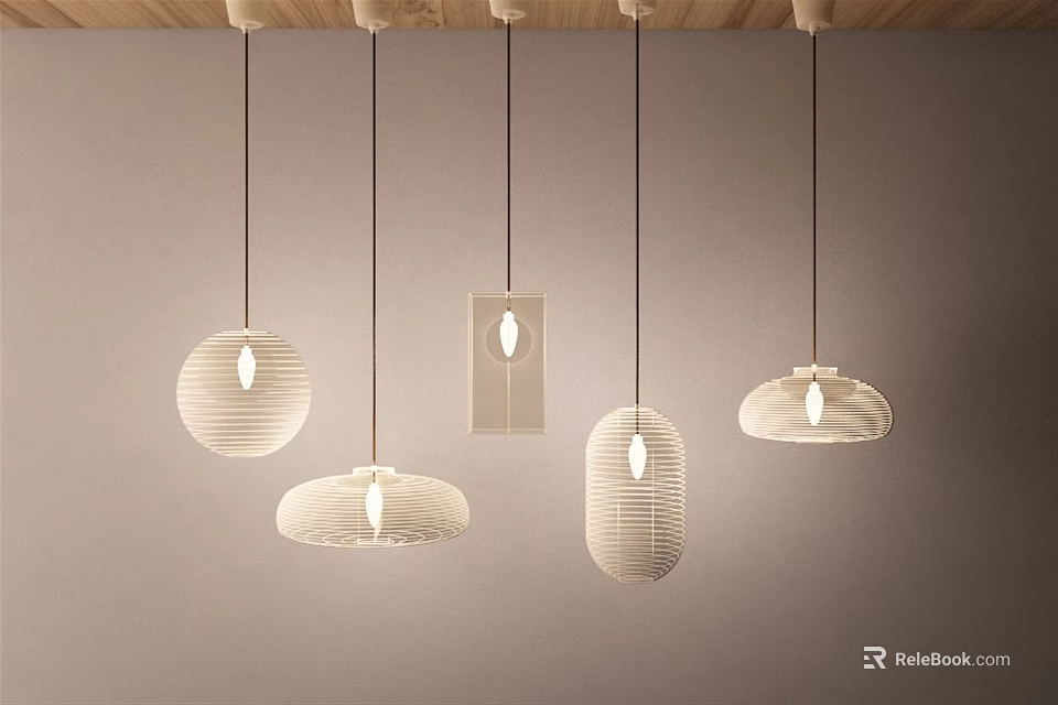 Modern Interior With Various Shapes Woven Pendant Lights Hanging From Ceiling 3d model