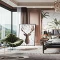 Elegant Modern Bedroom Interior With Chandelier Tropical Plant Mural Green Armchair And Deer Decor