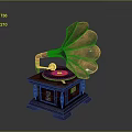 Classic Vintage Gramophone Featuring Copper Horn Carved Wooden Base And Black Turntable