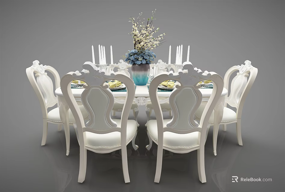 Elegant Classic Dining Set With White Carved Chairs And Floral Vase Tabletop Decor 3d model 