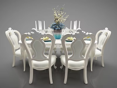 Elegant Classic Dining Set With White Carved Chairs And Floral Vase Tabletop Decor 3d model
