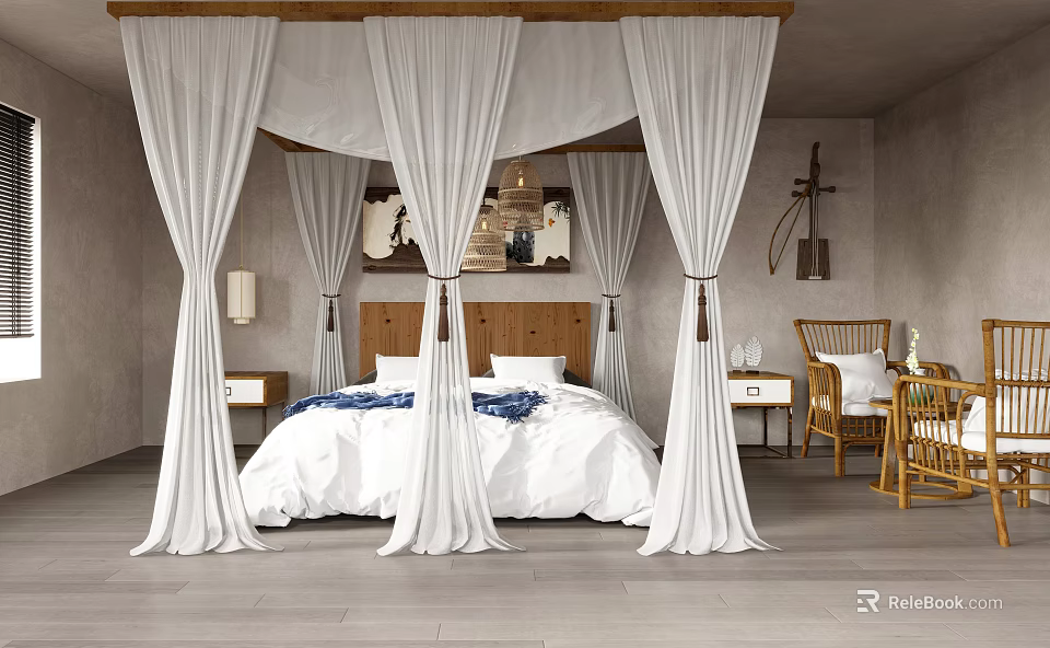 Minimalist Bedroom With White Canopy Bed Wooden Headboard Nightstands And Rattan Chair 3d model 