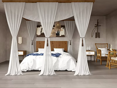 Minimalist Bedroom With White Canopy Bed Wooden Headboard Nightstands And Rattan Chair 3d model