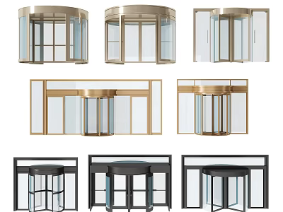 Revolving Door Designs Featuring Glass Panels And Metal Frames In Gold Black Styles 3d model