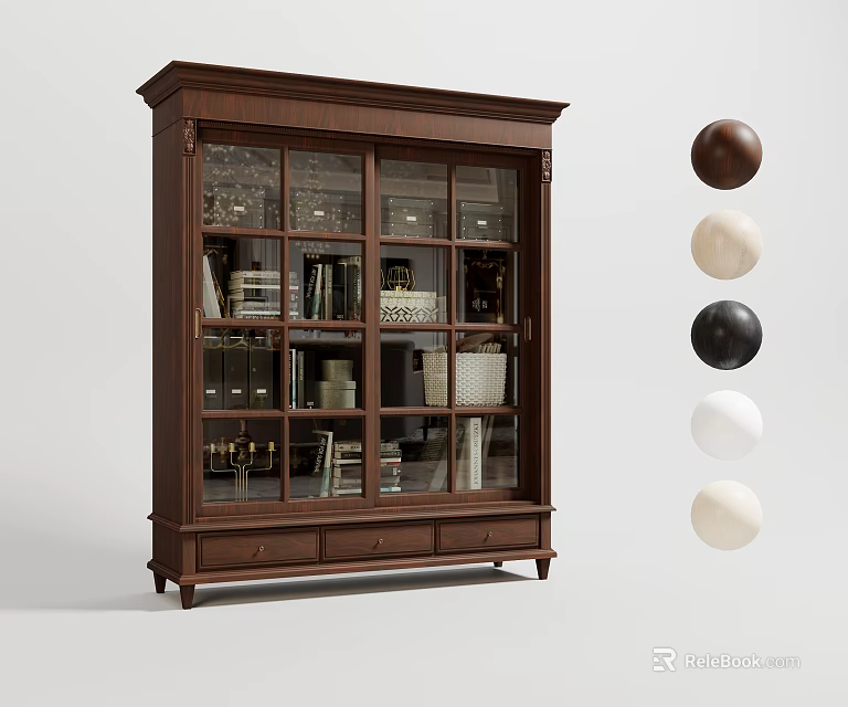 Classic Wooden Bookcase With Glass Doors And Storage For Books And Decor 3d model 