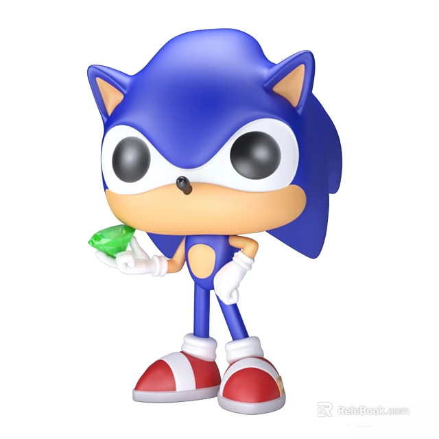 Blue Hedgehog Plush Toy with Big Eyes White Gloves Red Shoes Holding Green Emerald 3d model 
