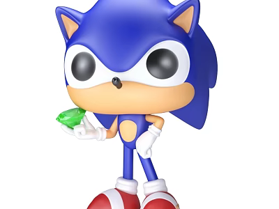Blue Hedgehog Plush Toy with Big Eyes White Gloves Red Shoes Holding Green Emerald 3d model