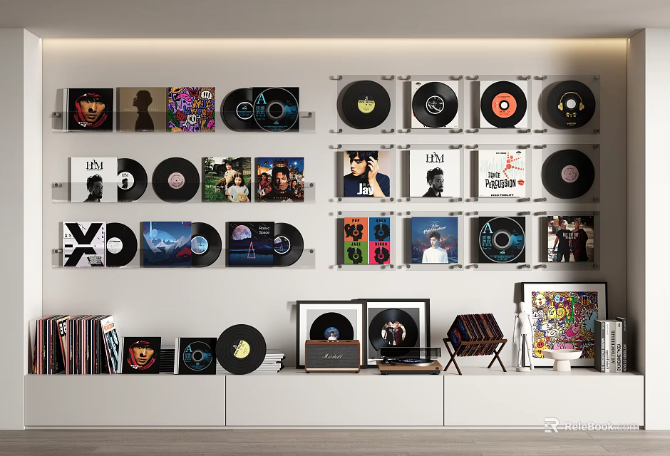 Headphones and Speakers Setup with Vinyl Records Collection on Modern Display Wall 3d model 