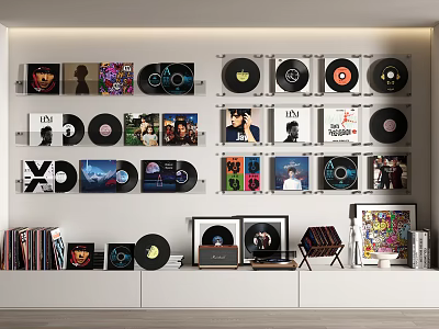 Headphones and Speakers Setup with Vinyl Records Collection on Modern Display Wall 3d model