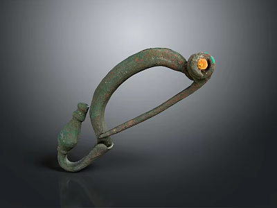 Ancient Bronze Fibula Sculpture With Green Patina And Inlaid Gemstone 3d model