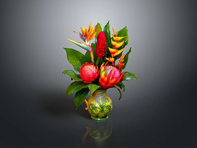 Vibrant Tropical Flower Arrangement In Colorful Glass Vase With Green Leaves And Red Blooms 3d model