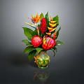 Vibrant Tropical Flower Arrangement In Colorful Glass Vase With Green Leaves And Red Blooms