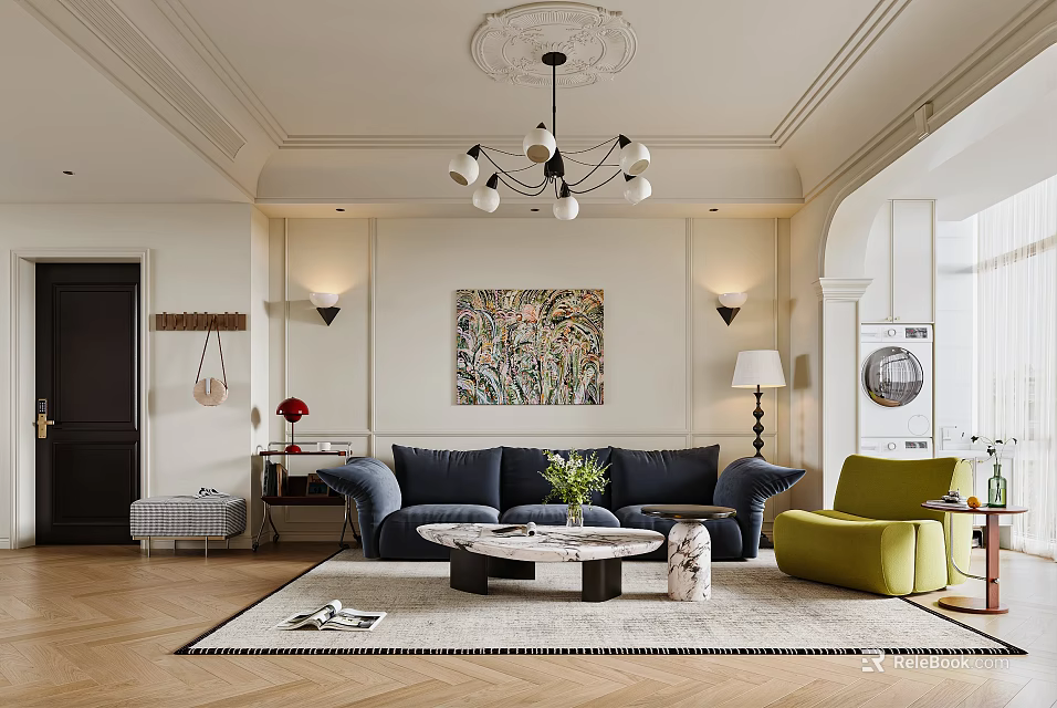 Elegant Living Room Interior With Navy Blue Sofa Green Armchair And Marble Coffee Table 3d model 