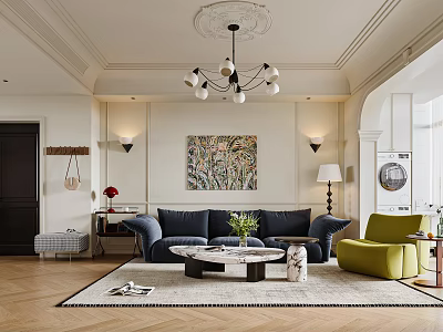 Elegant Living Room Interior With Navy Blue Sofa Green Armchair And Marble Coffee Table 3d model