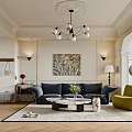 Elegant Living Room Interior With Navy Blue Sofa Green Armchair And Marble Coffee Table
