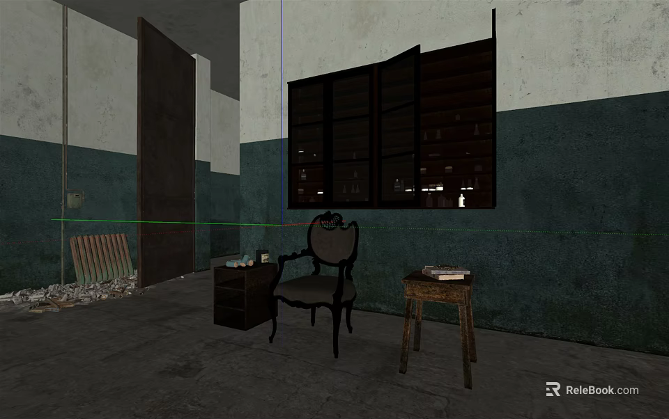 Dark Accent Chair with Blue White Walls Worn Areas Concrete Floor and Small Table 3d model 