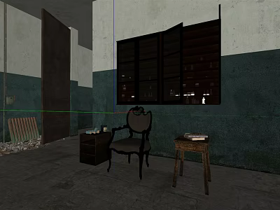 Dark Accent Chair with Blue White Walls Worn Areas Concrete Floor and Small Table 3d model